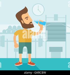 Gentleman bere una bottiglia di acqua mentre all'interno della palestra. Illustrazione Vettoriale