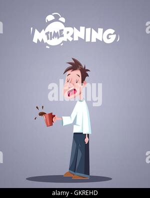 Quotidianamente mattina la vita. Sbadigliare assonnato uomo con caffè Illustrazione Vettoriale