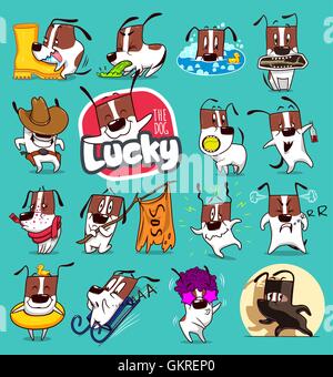 Sticker Collection di Cartoon Emoji Emoticon di cane Illustrazione Vettoriale