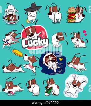 Sticker Collection di Cartoon Emoji Emoticon di cane Illustrazione Vettoriale