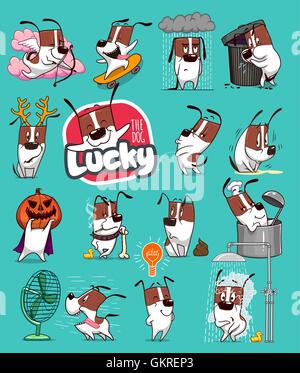 Sticker Collection di Cartoon Emoji Emoticon di cane Illustrazione Vettoriale