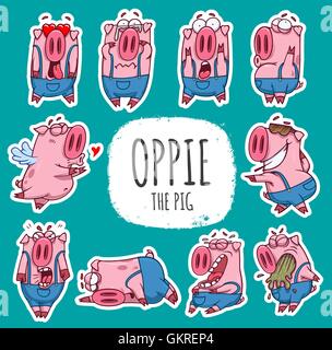 Cartoon carattere di maiale. Gli adesivi di emoticon Illustrazione Vettoriale