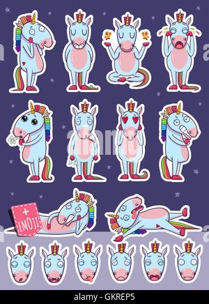 Cartoon Unicorn carattere. Gli adesivi di emoticon Illustrazione Vettoriale