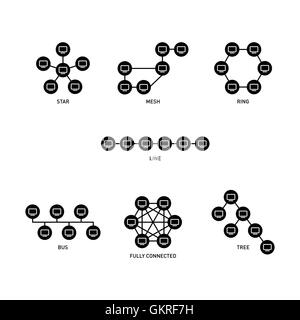 Set di Internet della topologia di rete in bianco e nero, illustrazione vettoriale Illustrazione Vettoriale