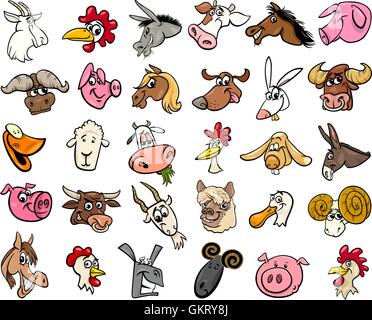 Gli animali della fattoria cartoon teste set di grandi dimensioni Illustrazione Vettoriale