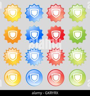 Icona dello scudo segno. Set da sedici multi-colore pulsanti di vetro con posto per il testo. Vettore Illustrazione Vettoriale