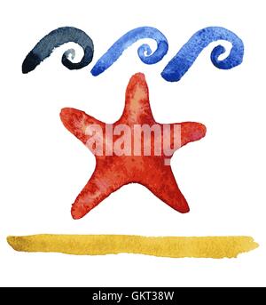 Set di disegnato a mano starfishes ad acquerello Illustrazione Vettoriale