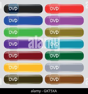 Icona del dvd di segno. Grande set di 16 colorato pulsanti moderno per il vostro design. Vettore Illustrazione Vettoriale