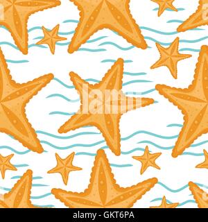 Sfondo con onde e stelle marine, seamless pattern del mare. Illustrazione Vettoriale