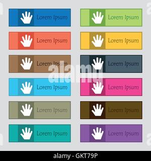 Icona mano segno. Set di dodici rettangolare, colorata, bella e di alta qualità per i pulsanti del sito. Vettore Illustrazione Vettoriale