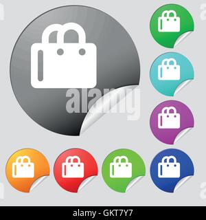 Shopping bag icona segno. Set di otto multi colore pulsanti rotondi, adesivi. Vettore Illustrazione Vettoriale