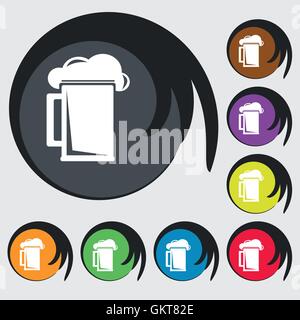 Bicchiere di birra icona segno. Simbolo su otto pulsanti colorati. Vettore Illustrazione Vettoriale