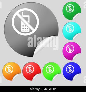 Il telefono cellulare è vietato segno icona. Set di otto multi colore pulsanti rotondi, adesivi. Vettore Illustrazione Vettoriale