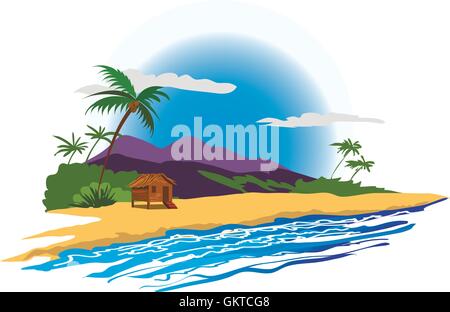 Spiaggia tropicale con casa Illustrazione Vettoriale