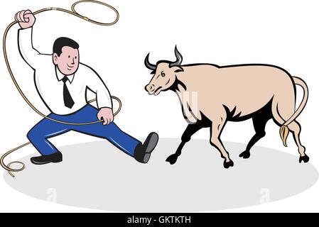 Imprenditore Azienda Lazo Bull Cartoon Illustrazione Vettoriale