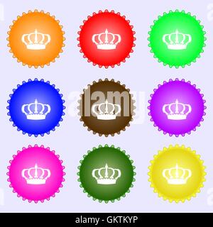 Icona di corona segno. Un insieme di nove diverse etichette colorate. Vettore Illustrazione Vettoriale