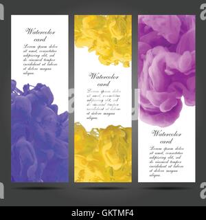 Vettore di tre business cards modello con dipinti a mano inchiostro ad acquerello pennellate sfondi e schizza Illustrazione Vettoriale