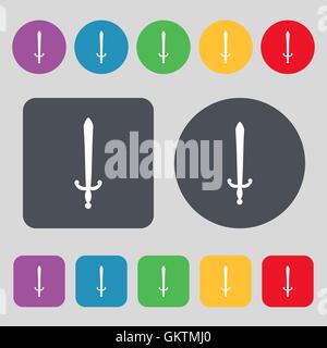 La icona di spada segno. Una serie di dodici tasti colorati. Design piatto. Vettore Illustrazione Vettoriale