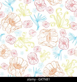 Vettore vibrante arancione tropicale fiori blu modello senza giunture Illustrazione Vettoriale