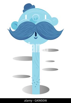 Un personaggio dei fumetti di un uomo di colore blu con un grande i baffi e hat , compare la sua testa fuori di uno dei tanti fori su uno sfondo bianco. Illustrazione Vettoriale