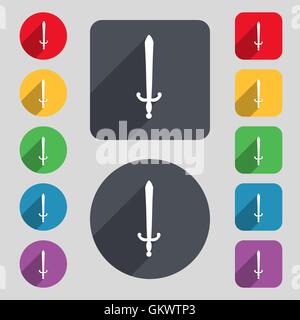 La icona di spada segno. Una serie di dodici tasti colorati e una lunga ombra. Design piatto. Vettore Illustrazione Vettoriale