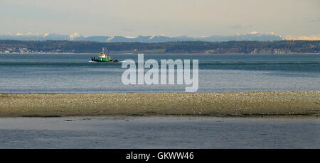 Una piccola tugboat motori attraverso le vie navigabili interne di Puget Sound, a nord di Anecortes nello Stato di Washington, Stati Uniti. Foto Stock