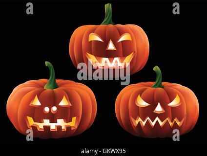 Scolpite tre zucche di Halloween isolata su uno sfondo semplice. Illustrazione Vettoriale