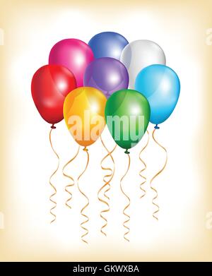 Set di partito colorato di palloncini con nastri penzolanti. Illustrazione Vettoriale