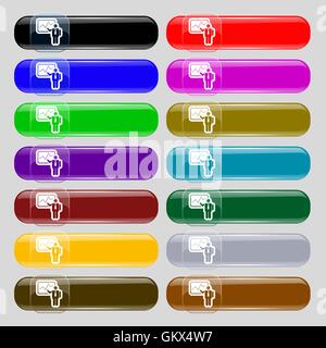 Imprenditore rendendo icona report segno. Set da quattordici multi-colore pulsanti di vetro con posto per il testo. Vettore Illustrazione Vettoriale