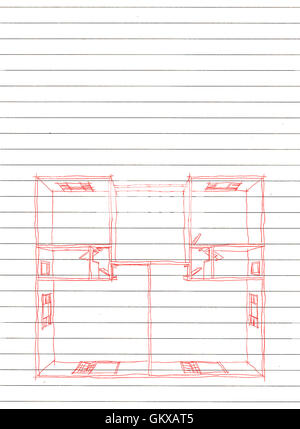 2d penna rossa freehand disegno di vuoto home appartamento a strisce sul foglio di carta Foto Stock
