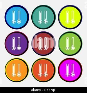 Termometro temperatura segno icona. Nove multi colore pulsanti rotondi. Vettore Illustrazione Vettoriale