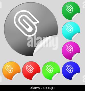 Icona a forma di graffetta segno. Set di otto multi colore pulsanti rotondi, adesivi. Vettore Illustrazione Vettoriale