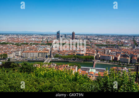 Lione 5e arr. Vista di Lione dalla Basilica di Notre Dame de Fourviere. Patrimonio dell'umanità dell'UNESCO. Dipartimento del Rodano. Rhone-Alpes. Francia Foto Stock