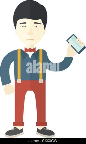 Uomo giapponese con lo smartphone in mano. Illustrazione Vettoriale