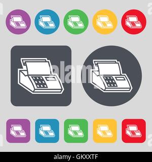 Registratore di cassa machine icona segno. Una serie di dodici tasti colorati. Design piatto. Vettore Illustrazione Vettoriale