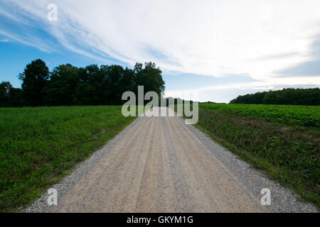 Landscpae di terreni agricoli con la strada attraverso il taglio nel sud della Pennsylvania Foto Stock