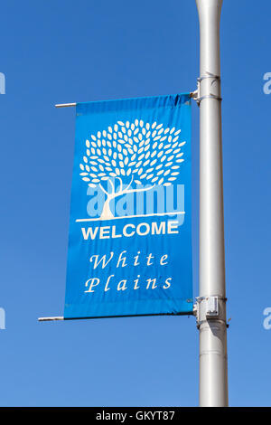 Un banner di benvenuto postato su una lampada posta nel centro cittadino di White Plains, New York. Foto Stock