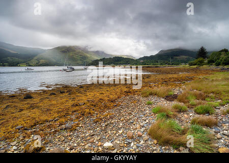 Sulle sponde del Loch Leven, guardando verso il villaggio di Glencoe Foto Stock