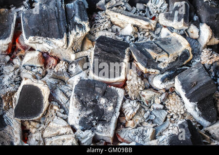 Vista dettagliata del decadimento carboni di legna e cenere nel braciere Foto Stock