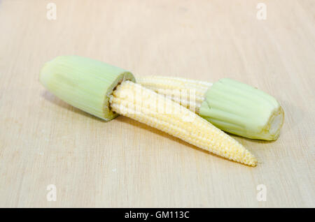 Bambino frutto di mais (noto anche come giovani mais, mini mais, cornlettes, candela mais Zea mays L, Gramineae) raggruppati e isolate su wo Foto Stock