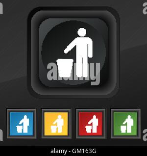 Buttare nel cestino icona simbolo. Set di cinque colorate, eleganti pulsanti sulla texture nera per il vostro design. Vettore Illustrazione Vettoriale