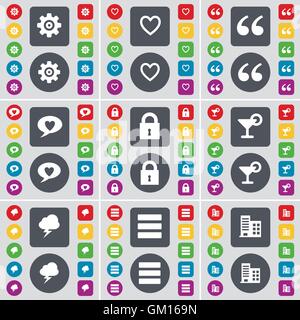 Ingranaggio, cuore, virgolette, Chat bolla, bloccare, cocktail, fulmini, app, edificio simbolo icona. Un grande insieme di Piana, bu colorati Illustrazione Vettoriale