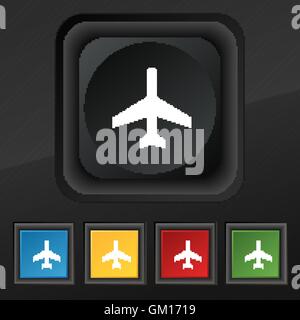 Icona aereo simbolo. Set di cinque colorate, eleganti pulsanti sulla texture nera per il vostro design. Vettore Illustrazione Vettoriale