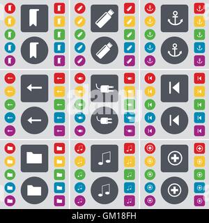 Marcatore, USB, Anchor, Freccia sinistra, presa, Media saltare, cartella nota, Plus icona simbolo. Un grande insieme di Piana, pulsanti colorati per yo Illustrazione Vettoriale