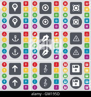 Checkpoint, Freccia su, altoparlante, ancoraggio, inchiostro della penna, Avvertenza e Freccia in alto, Clef, Floppy icona simbolo. Un grande insieme di Piana, pulsanti colorati per il vostro design. Vettore Illustrazione Vettoriale