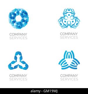 Set di quattro abstract logo blu. Loghi vettoriali con spirale, rombo, attraversato ed elementi del cerchio. Illustrazione Vettoriale