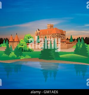 Disegno a mano il castello e il fiume illustrazione vettoriale Illustrazione Vettoriale