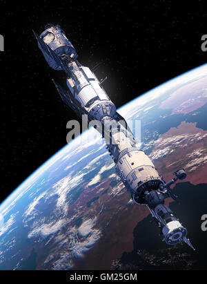 Stazione Spaziale Internazionale volando sopra la terra. 3D'illustrazione. Foto Stock