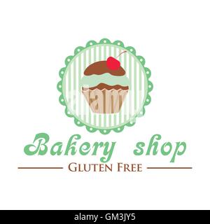 Senza glutine bakery shop logo. Carino cupcake su sfondo a strisce, in stile retrò badge. Illustrazione Vettoriale