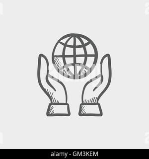 Due mani globo icona schizzo Illustrazione Vettoriale